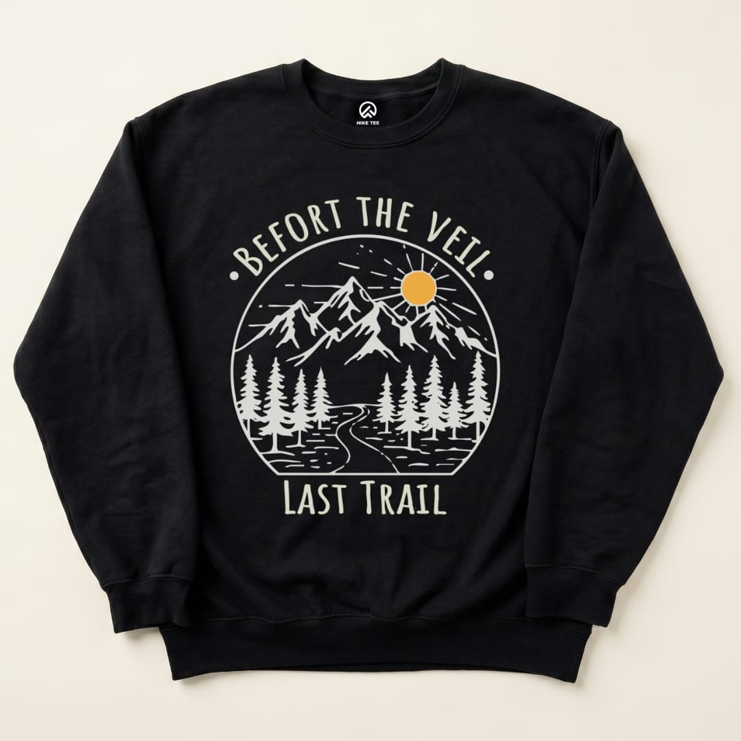 A black "Bachelorette Party Hiking Sweatshirt" featuring a mountain graphic with the phrase "Before the Veil, Last Trail.