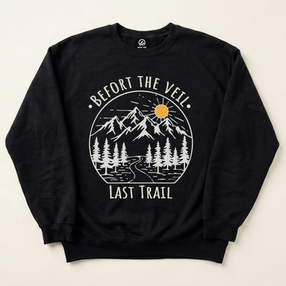 A black "Bachelorette Party Hiking Sweatshirt" featuring a mountain graphic with the phrase "Before the Veil, Last Trail.