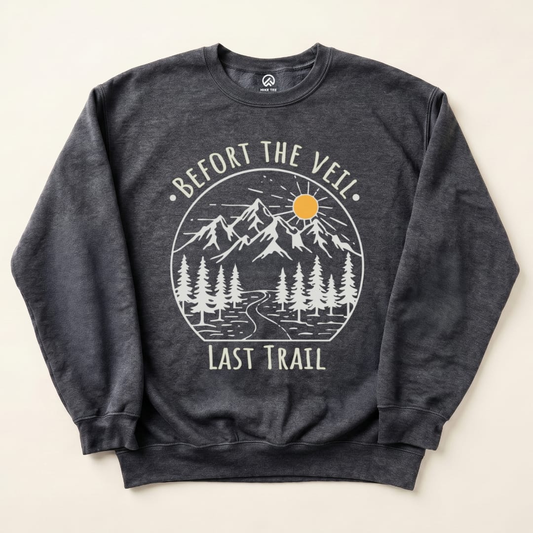 A dark grey "Bachelorette Party Hiking Sweatshirt" features a graphic of mountains, trees, and a path with the phrases "Before the Veil" and "Last Trail.