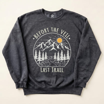 A dark grey "Bachelorette Party Hiking Sweatshirt" features a graphic of mountains, trees, and a path with the phrases "Before the Veil" and "Last Trail.
