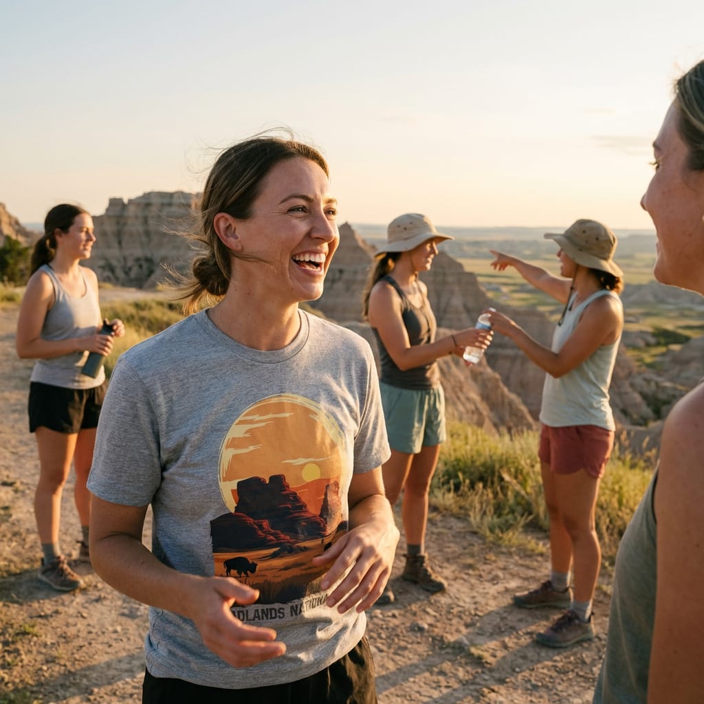 A woman laughs while wearing a gray graphic t-shirt featuring the "Badlands National Park Shirt" design and bison illustrations.