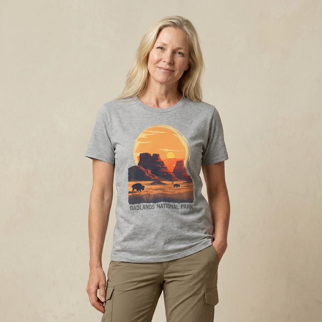 A woman in a gray graphic t-shirt features a colorful sunset and bison design with the text "Badlands National Park Shirt.