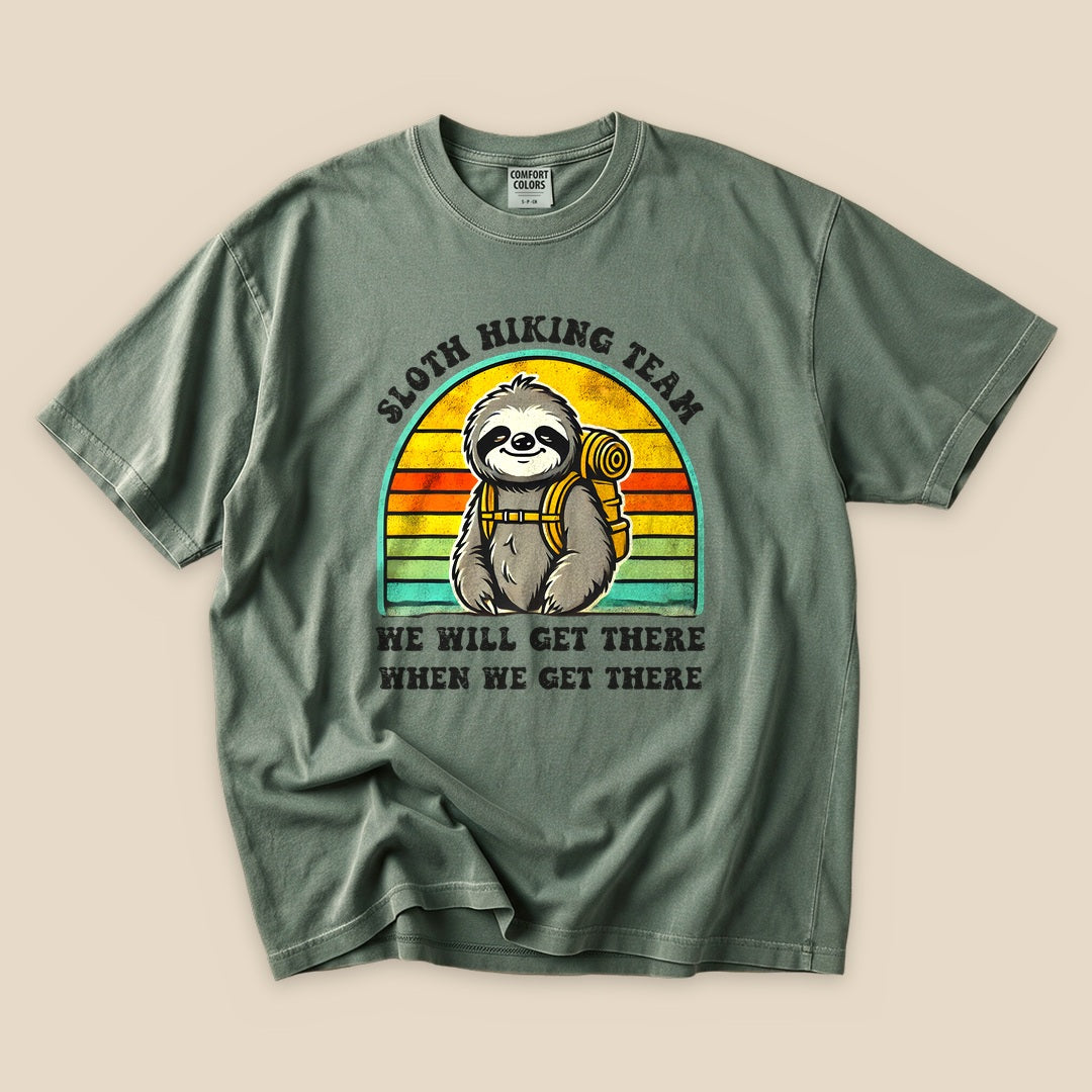 Moss Sloth Hiking Team T-Shirt with a backpacking sloth and retro sunset stripes graphic