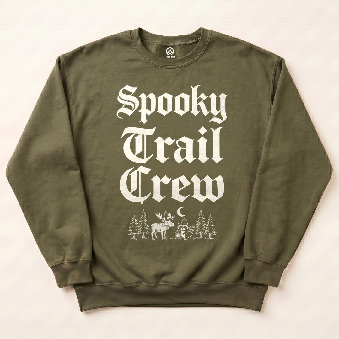 Military Green Spooky Trail Crew Sweatshirt with gothic Spooky Trail Crew lettering with a moose and a raccoon graphic