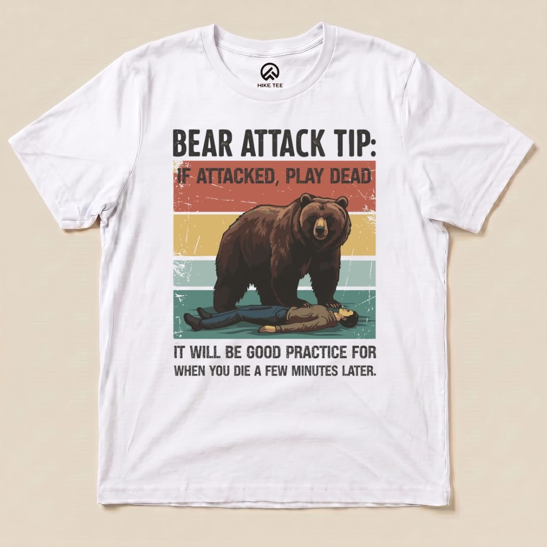 Graphic t-shirt featuring a retro design with a bear and a humorous slogan, titled "Bear Attack Tip Retro Shirt.