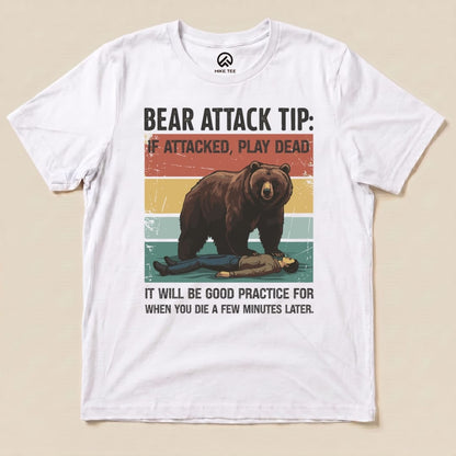 Graphic t-shirt featuring a retro design with a bear and a humorous slogan, titled "Bear Attack Tip Retro Shirt.