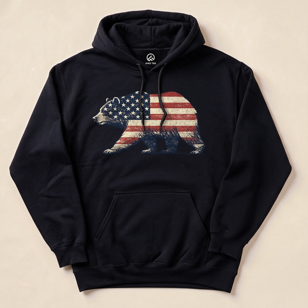 Black Bear Flag Hoodie with a vintage bear silhouette filled with the American flag