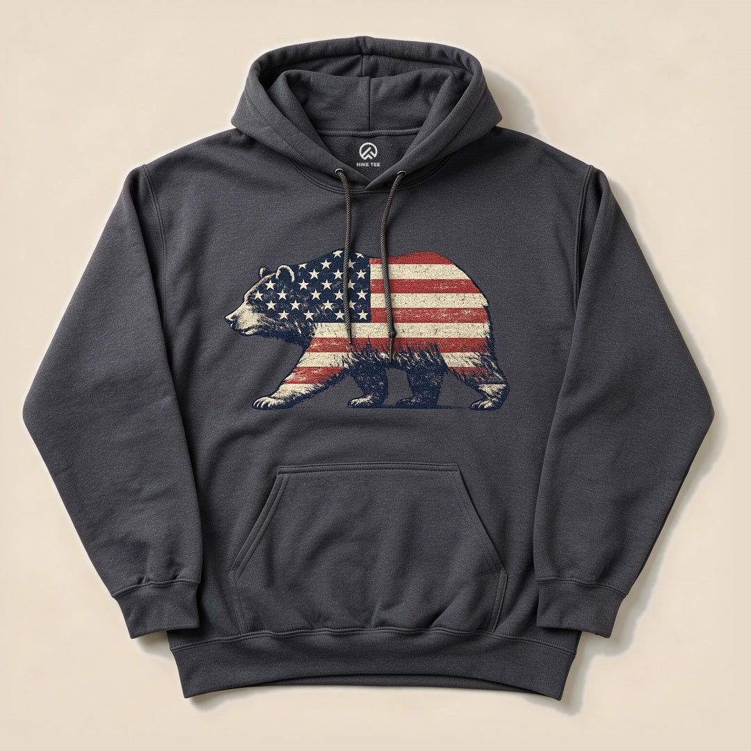 Dark Heather Bear Flag Hoodie with a vintage bear silhouette filled with the American flag
