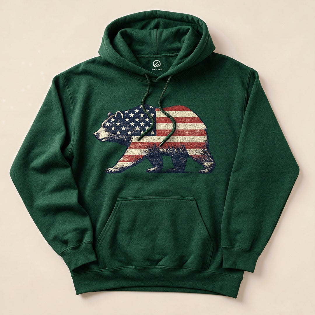 Forest Green Bear Flag Hoodie with a vintage bear silhouette filled with the American flag