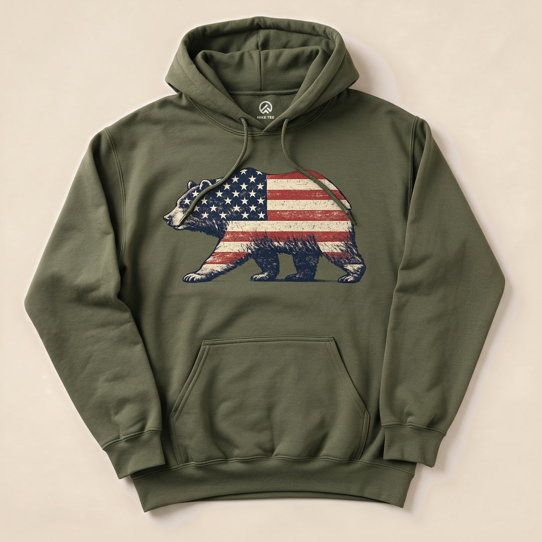 Military Green Bear Flag Hoodie with a vintage bear silhouette filled with the American flag