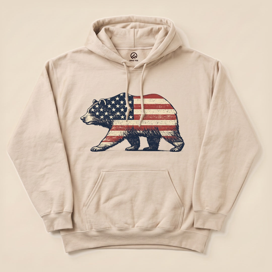 Sand Bear Flag Hoodie with a vintage bear silhouette filled with the American flag
