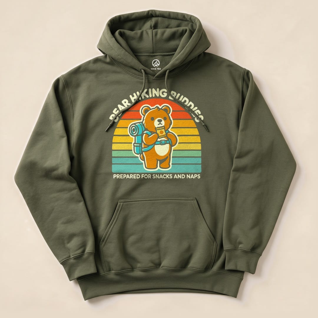 Olive green Bear Hiking Buddies Hoodie featuring a cartoon bear with a backpack and the slogan "Prepared for Snacks and Naps.