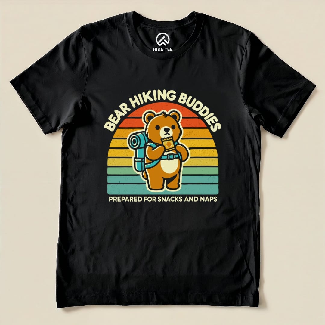 Graphic t-shirt features a cartoon bear with a backpack holding a snack, along with the text "Bear Hiking Buddies Shirt" and "Prepared for Snacks and Naps.
