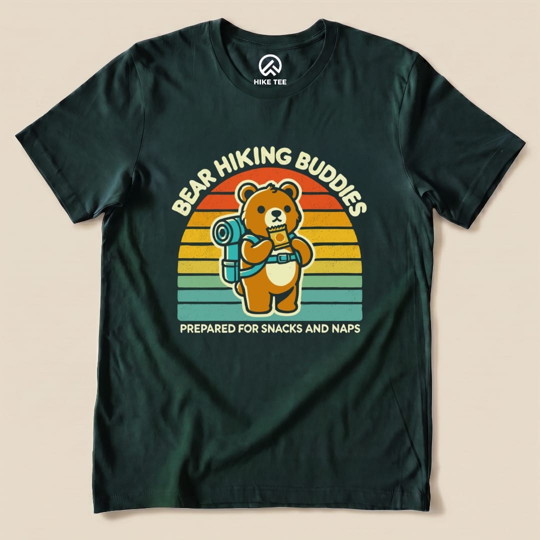 Graphic t-shirt featuring a bear with a backpack, the slogan "Bear Hiking Buddies" and "Prepared for Snacks and Naps" printed in vibrant colors.
