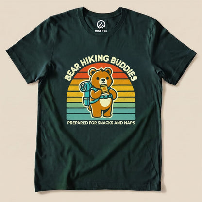 Graphic t-shirt featuring a bear with a backpack, the slogan "Bear Hiking Buddies" and "Prepared for Snacks and Naps" printed in vibrant colors.