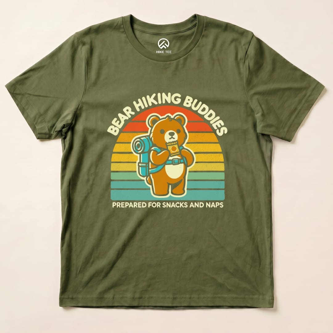 The Bear Hiking Buddies Shirt features a cartoon bear with a backpack, surrounded by a retro sunset design and the words "Prepared for Snacks and Naps.