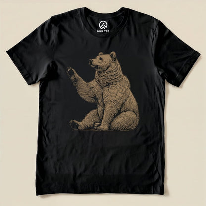 Black graphic t-shirt featuring a detailed bear illustration with the arm raised, labeled "Bear Is Watching Shirt.