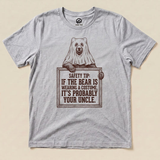 Athletic Heather Bear Safety Tip Shirt with a bear in a ghost sheet holding a safety tip sign graphic