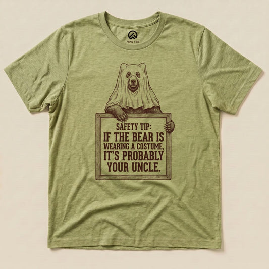 Heather Green Bear Safety Tip Shirt with a bear in a ghost sheet holding a safety tip sign graphic