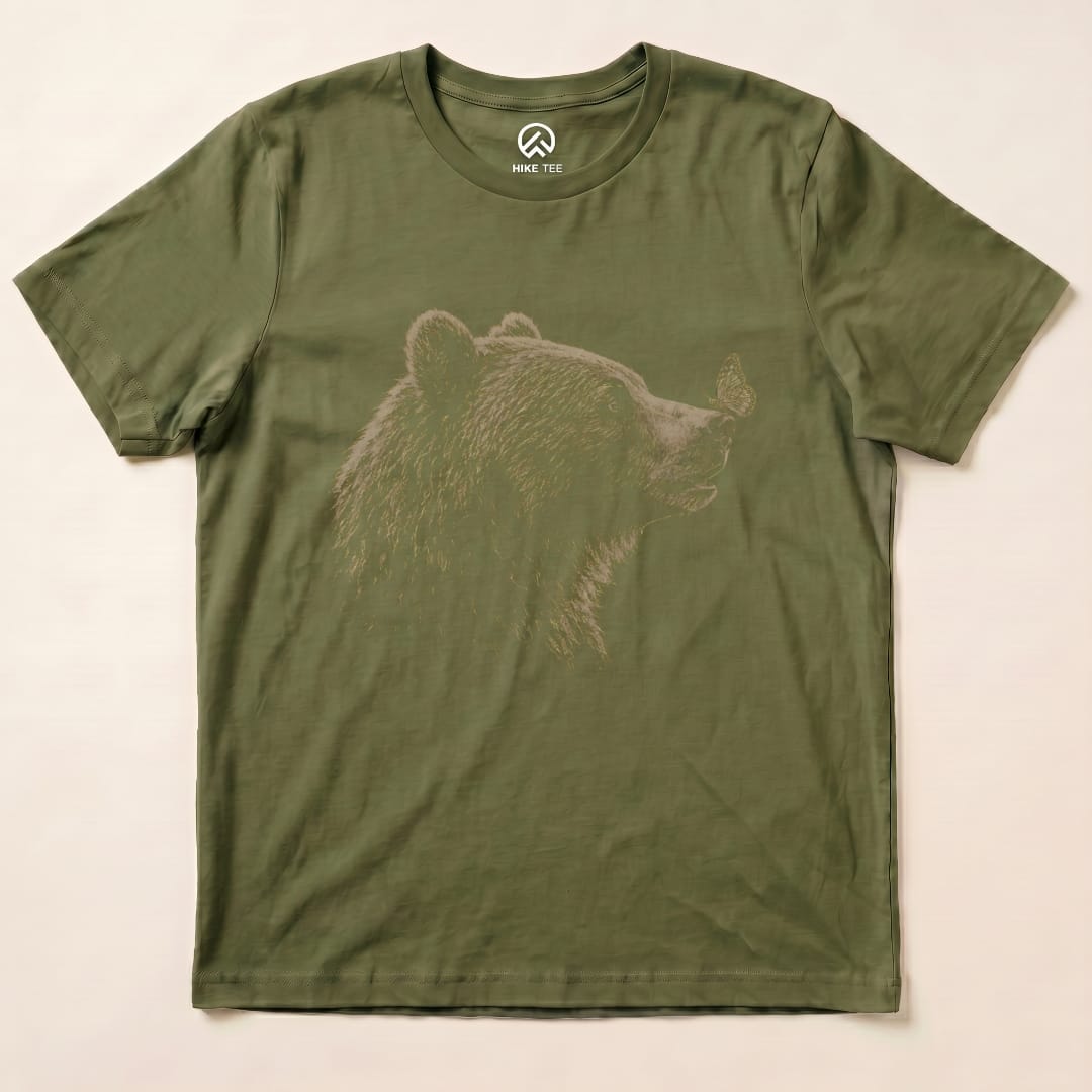 Bear with Butterfly Shirt Hike Tee T-Shirt Military Green / S