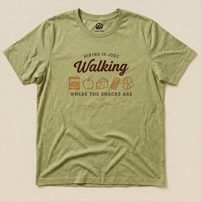 Heather Green Hiking Is Just Walking Where the Snacks Are Shirt with a trail snacks graphic