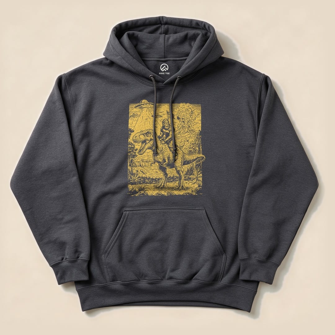 A graphic hoodie features a whimsical illustration of a dinosaur with a rider, labeled as "Bigfoot Dinosaur Hoodie.