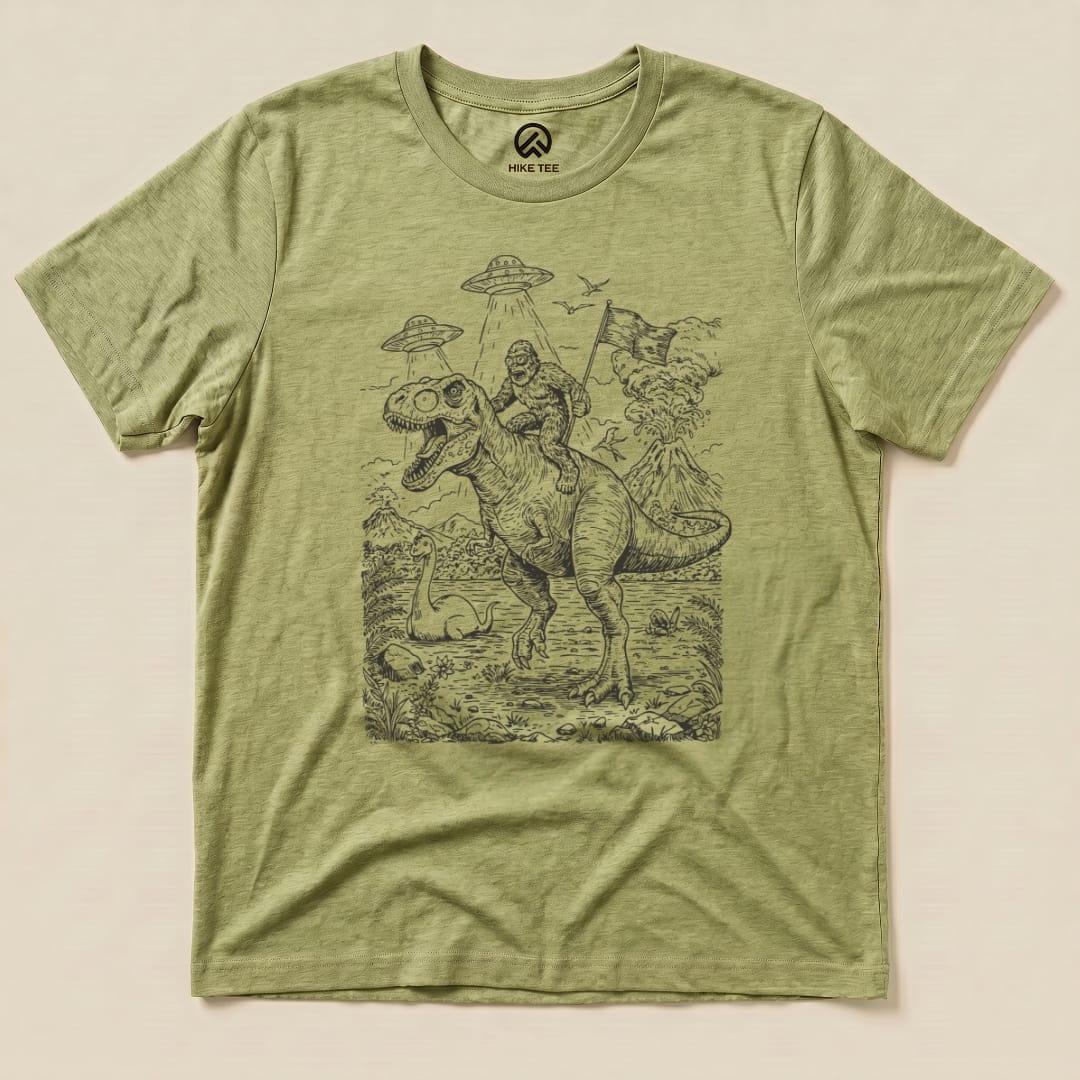 Bigfoot Dinosaur Shirt Hike Tee T-Shirt Heather Green / S