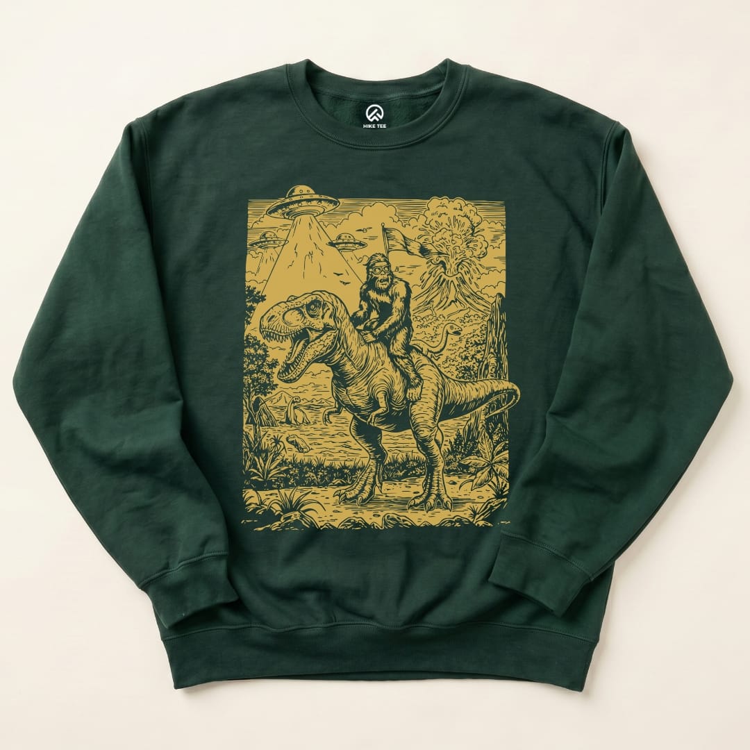 Bigfoot Dinosaur Sweatshirt Hike Tee Sweatshirt Forest Green / S