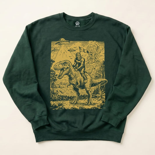 Bigfoot Dinosaur Sweatshirt Hike Tee Sweatshirt Forest Green / S