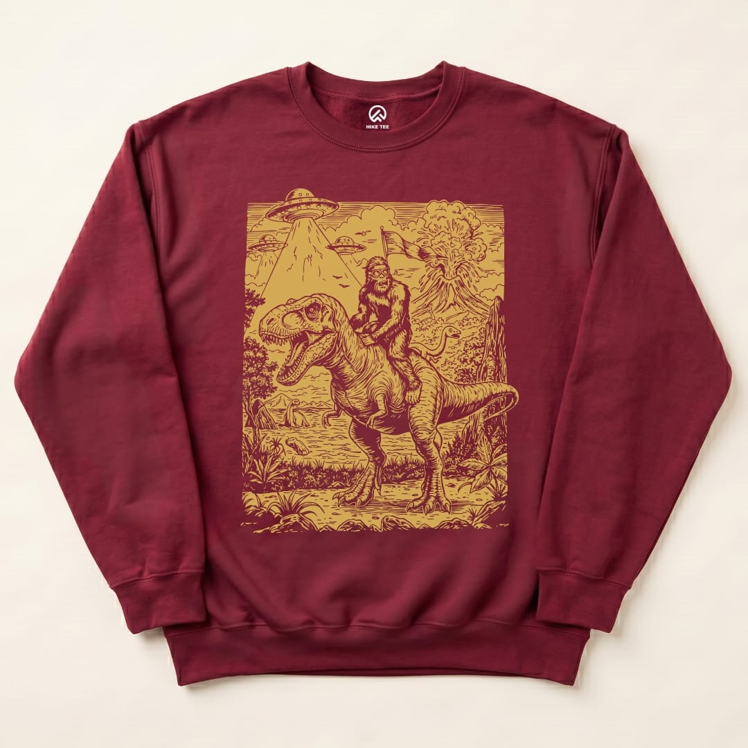 Bigfoot Dinosaur Sweatshirt Hike Tee Sweatshirt Maroon / S