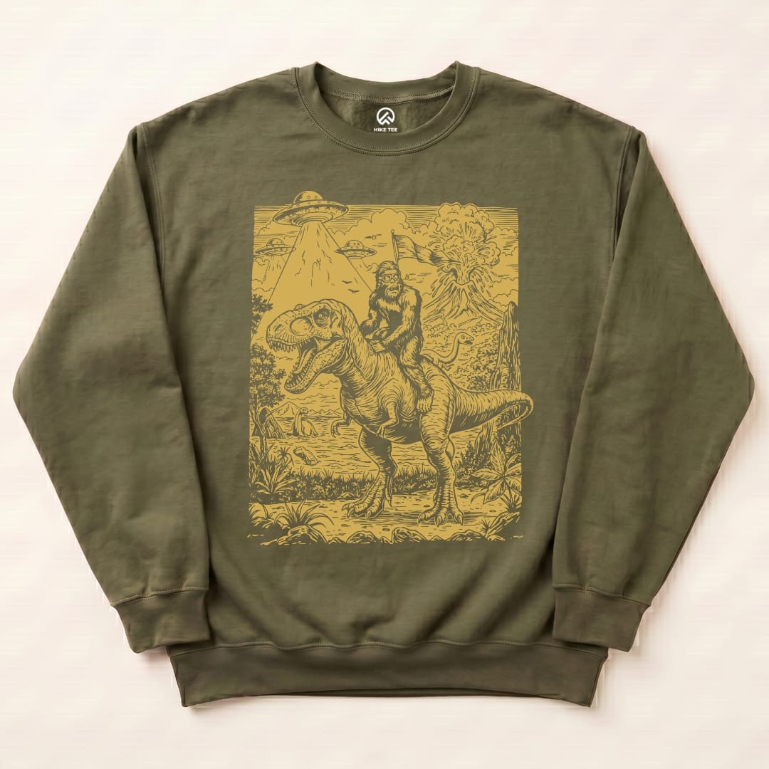 Bigfoot Dinosaur Sweatshirt Hike Tee Sweatshirt Military Green / S