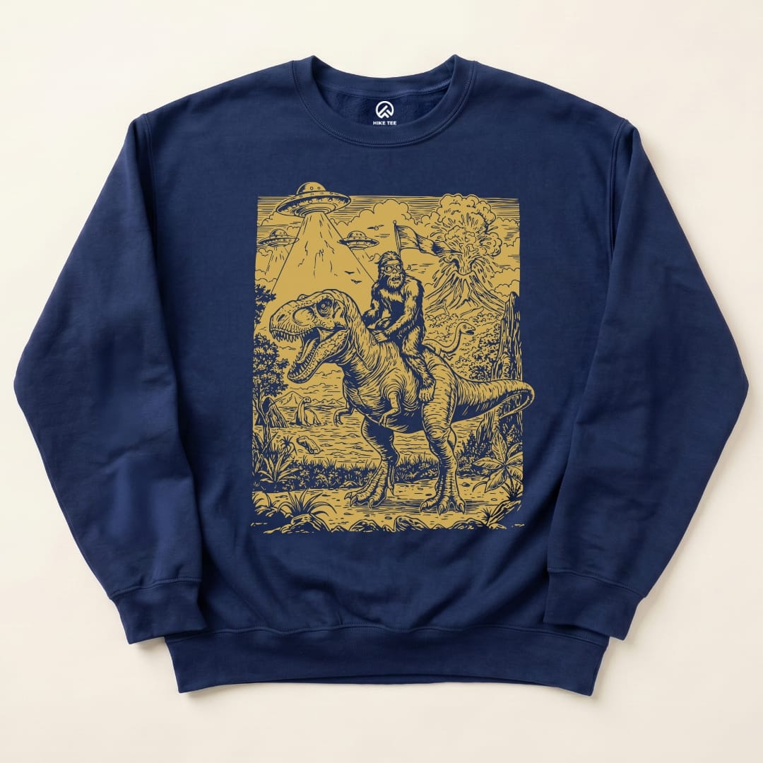 Bigfoot Dinosaur Sweatshirt Hike Tee Sweatshirt Navy / S