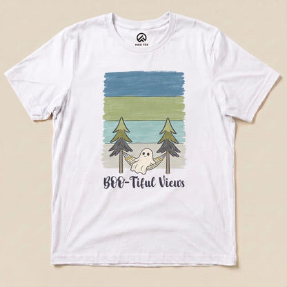 The graphic t-shirt features a whimsical design of a ghost in a hammock between trees with the text "Boo-tiful Views" underneath.
