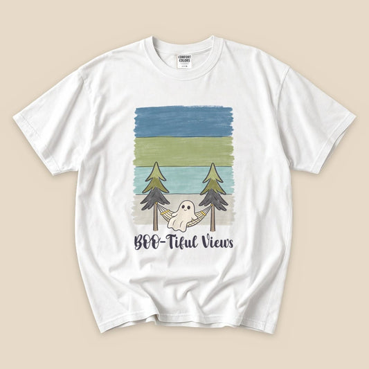White Boo-tiful Views T-Shirt with a ghost relaxing in a hammock between pine trees graphic