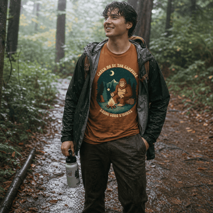 A man stands in a rainy forest wearing a brown graphic t-shirt featuring a bear by a campfire with the text “Bring Some S'mores Shirt.”