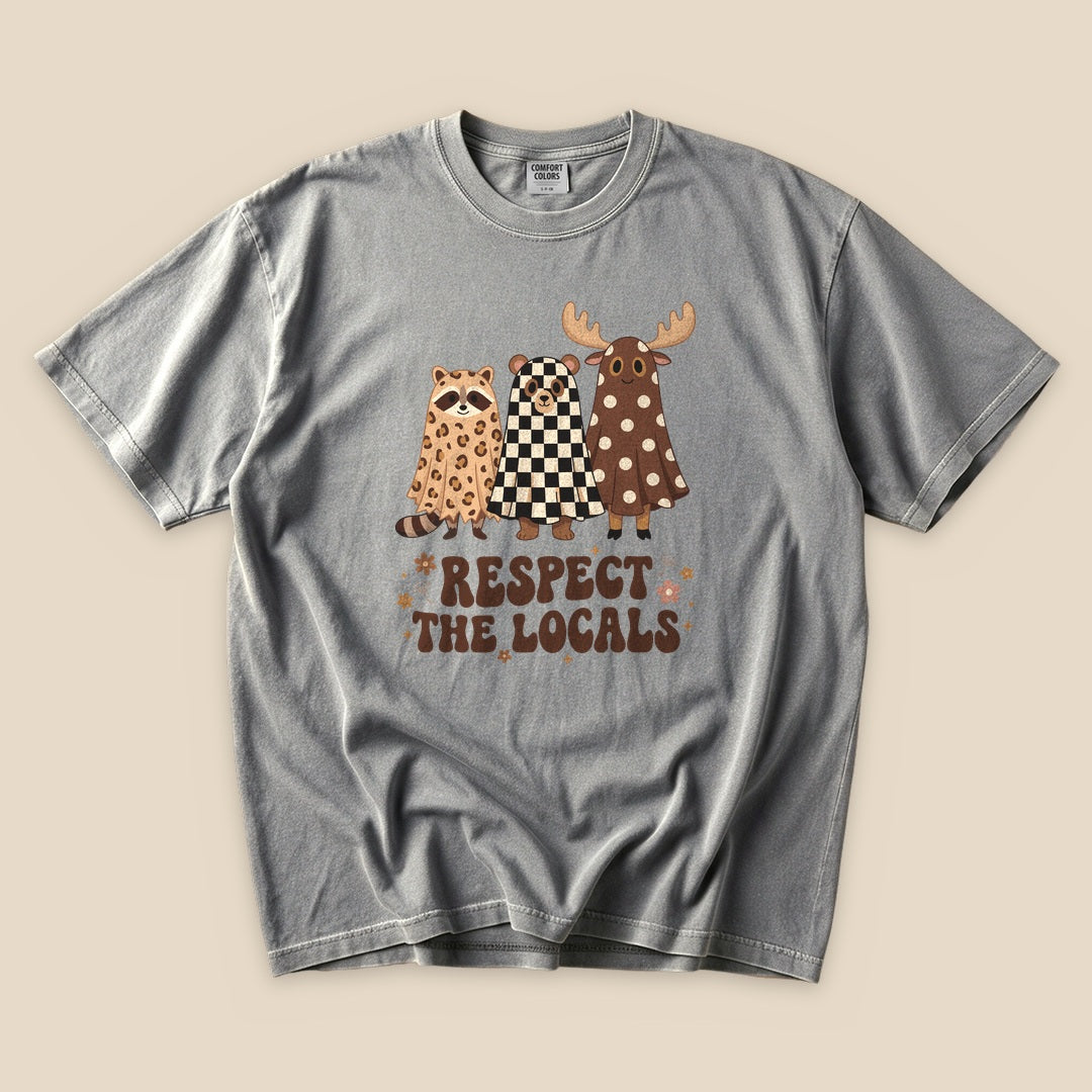 Grey Respect the Locals Ghosts T-Shirt with a ghost raccoon and moose Respect the Locals graphic