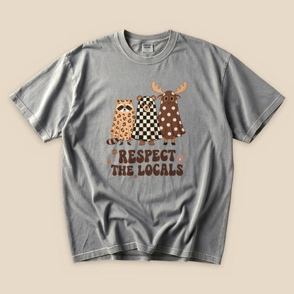 Grey Respect the Locals Ghosts T-Shirt with a ghost raccoon and moose Respect the Locals graphic