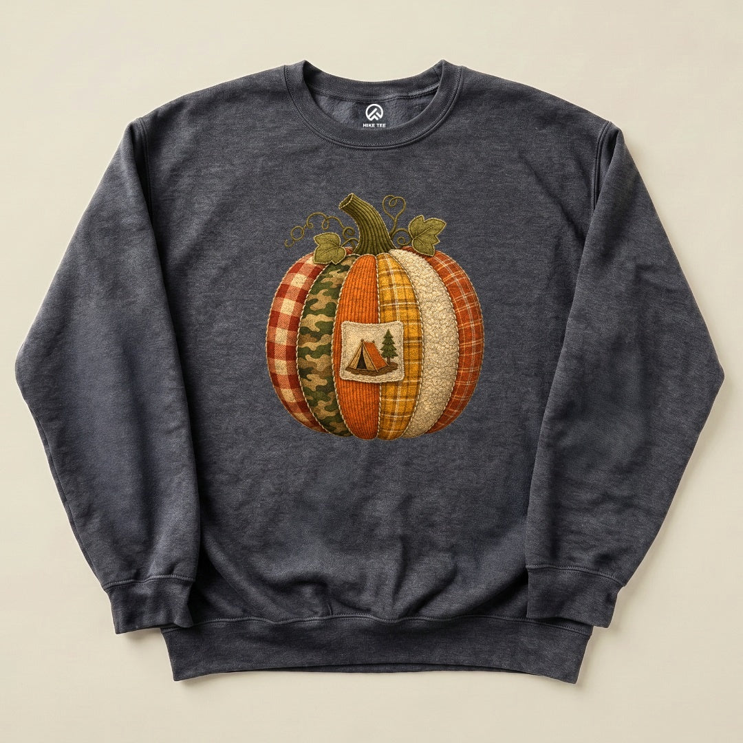 Dark Heather Camp Pumpkin Sweatshirt with a patchwork pumpkin with a camping tent patch graphic