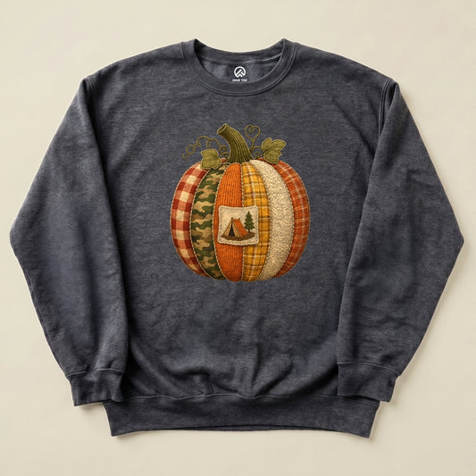Dark Heather Camp Pumpkin Sweatshirt with a patchwork pumpkin with a camping tent patch graphic