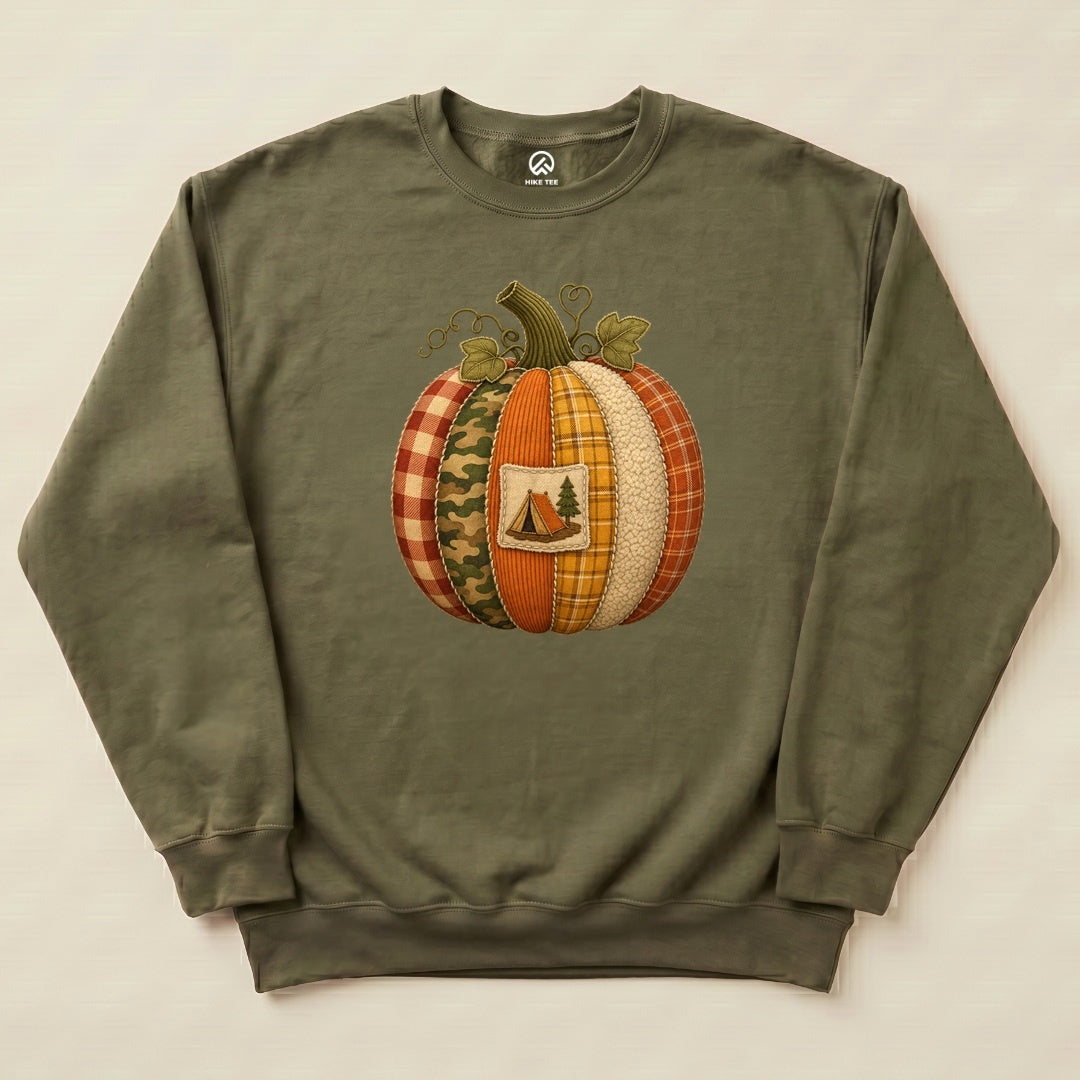 Military Green Camp Pumpkin Sweatshirt with a patchwork pumpkin with a camping tent patch graphic