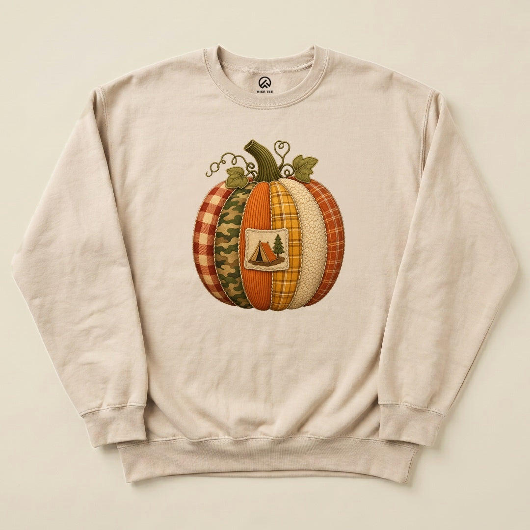Sand Camp Pumpkin Sweatshirt with a patchwork pumpkin with a camping tent patch graphic