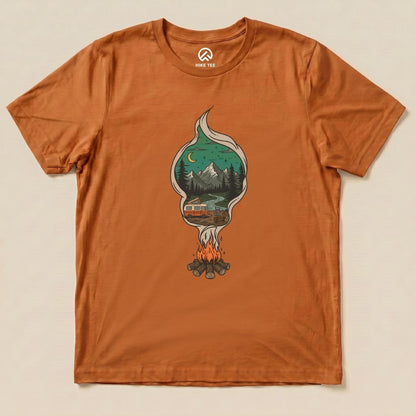 The Campfire Smoke Shirt features a graphic of a campfire with a scenic mountain view and a camper, all on an orange background.