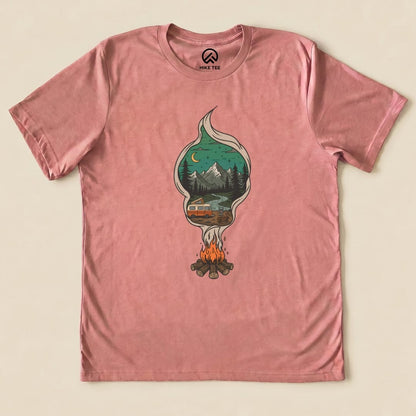 The Campfire Smoke Shirt features a colorful graphic of a campfire with a scenic outdoor landscape and a camper van.