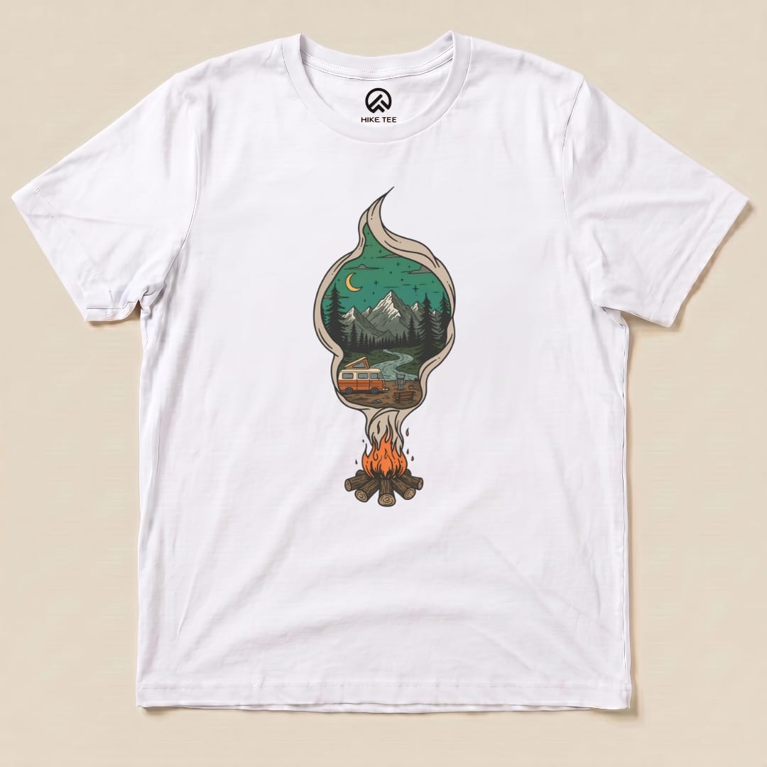 A graphic t-shirt features a design of a campfire surrounded by mountains and a camper, titled "Campfire Smoke Shirt.