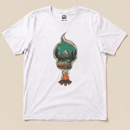 A graphic t-shirt features a design of a campfire surrounded by mountains and a camper, titled "Campfire Smoke Shirt.