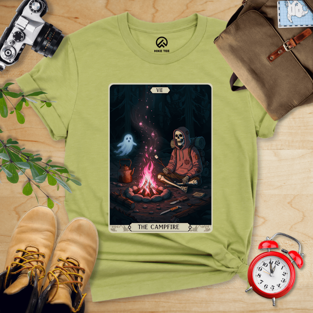 Hike Tee T-Shirt Heather Green / S Campfire Tarrot Card Shirt