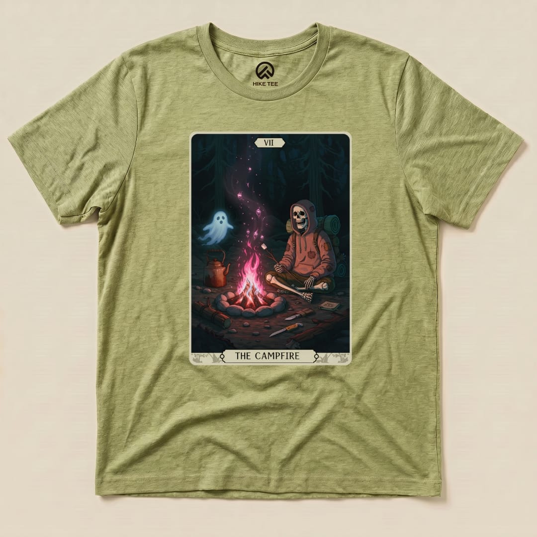 Hike Tee T-Shirt Heather Green / S Campfire Tarrot Card Shirt