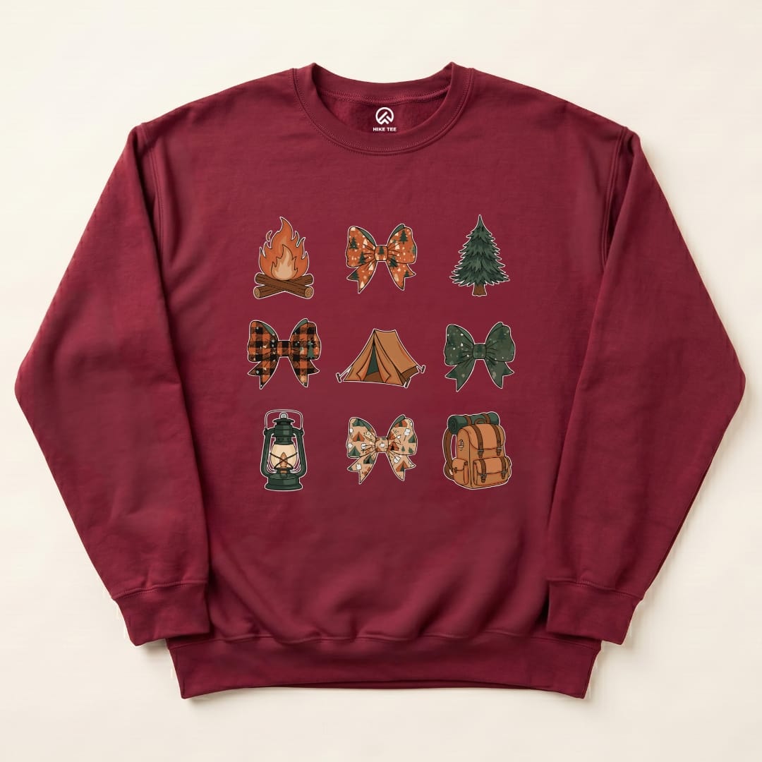 Camping Bows Sweatshirt Hike Tee Sweatshirt Maroon / S