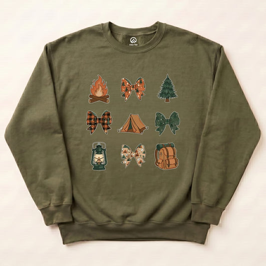 Camping Bows Sweatshirt Hike Tee Sweatshirt Military Green / S