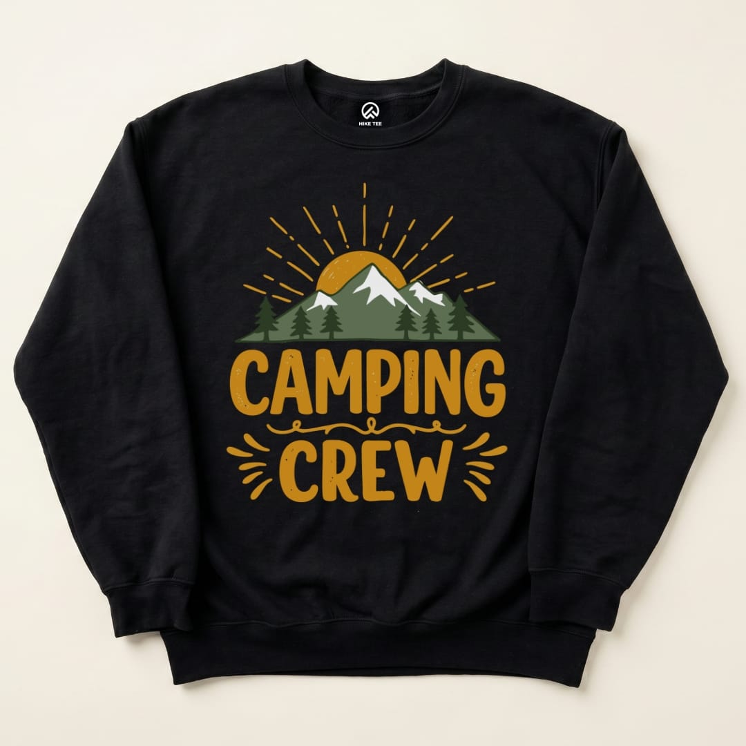 A black "Camping Crew Sweatshirt" features a colorful graphic of a mountain scene with a rising sun and the text "CAMPING CREW".